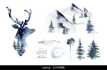Watercolor winter forest with deer head. Christmas tree landscape with ...