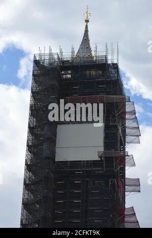 London, UK. 5 September 2020. Big Ben covered in a plain canvas, as on-going repair work continues with it being due to be completed by 2021. Stock Photo
