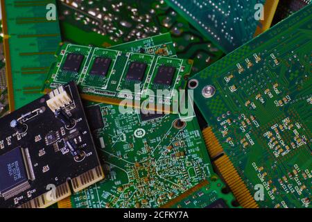 Electronic waste. Worn, outdated computer components. Stock Photo