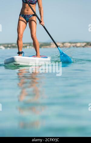 Crop anonymous female surfer standing on surfboard and rowing with paddle while practicing on surface of sea in summer Stock Photo