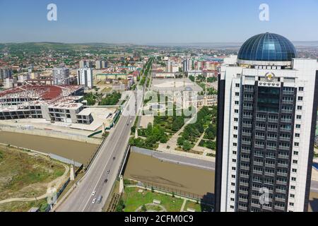 Grozny, Chechen Republic, Russia - June 02, 2019: View of the mosque in the Heart of Chechnya and Putin Avenue from the observation deck of the Grozny Stock Photo