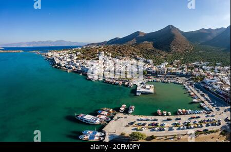 ELOUNDA, CRETE, GREECE - 27 AUGUST 2020: Aerial view of the harbor in the popular Greek tourist town of Elounda on the island of Crete Stock Photo