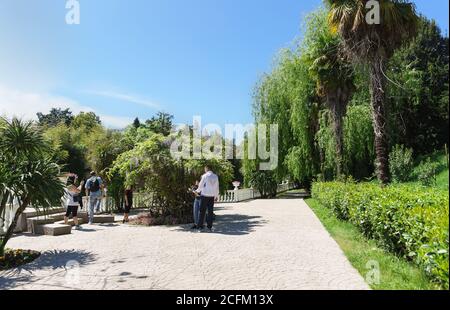 Yuzhnye Kultury Park, Adler, Sochi, Russia - 05 may 2019: People are photographed in the old city Park near the blooming Wisteria (lat. Wisteria) Stock Photo