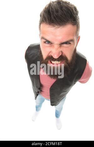 Extremely mad. Man aggressive face expression stand white background. Stressful day. Stressful male life. Aggressive mad man shout. Aggression causes headache. Guy angry aggressive person. Stock Photo
