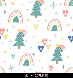 Christmas seamless pattern with cute funny characters. Unique decoration with rainbows, christmas tree, clouds, snowflakes, hearts, sun and balls Stock Vector