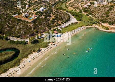 Aerial view of Almyros beach near the town of Agios Nikolaos in Crete, Greece Stock Photo