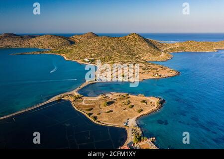 Aerial view of Elounda in Crete showing the sunken remains of the ancient Minoan city of Olous Stock Photo