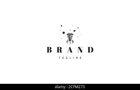 Vector logo on which an abstract image of a coffee cup in the form of a rocket on a background of stars. Stock Vector