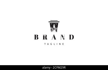 Vector logo on which an abstract image of a rocket launching against the background of a coffee glass. Stock Vector
