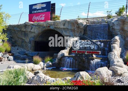 LONG POND, PA -30 AUG 2020- View of the Pocono Raceway (Tricky Triangle), a superspeedway located in the Pocono Mountains in Long Pond, Pennsylvania, Stock Photo