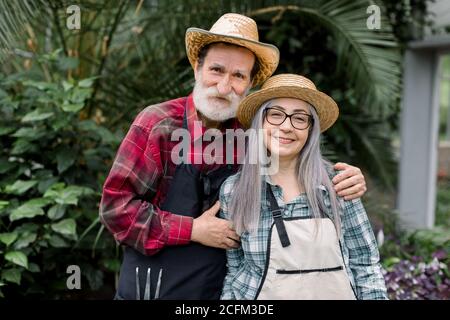 Portrait of cheerful smiling senior couple of gardeners in love, gray haired man and woman in straw hats and aprons, standing in beautiful orangery Stock Photo