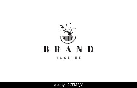 Vector logo on which an abstract image of a rocket flying out of a cup of coffee. Stock Vector