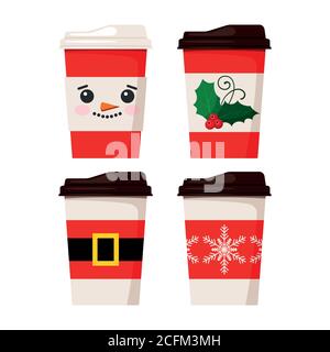 Merry Christmas coffee cups isolated on white background. Stock Vector