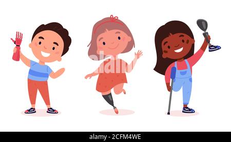 Multicultural group of kids with artificial limbs Stock Vector