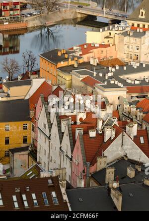 Wroclaw, Poland - 01.12.2019: Bird Eye View to rooftops of houses in Wroclaw., Poland. View from the top of central Tower. View of old town Breslau Stock Photo