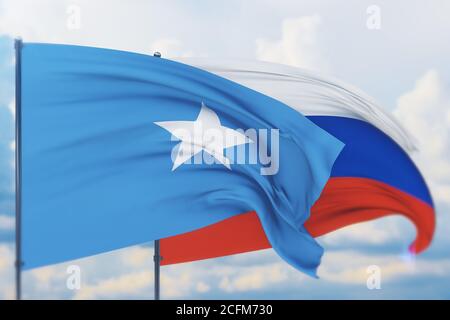 Waving Russian flag and flag of Somalia. Closeup view, 3D illustration. Stock Photo