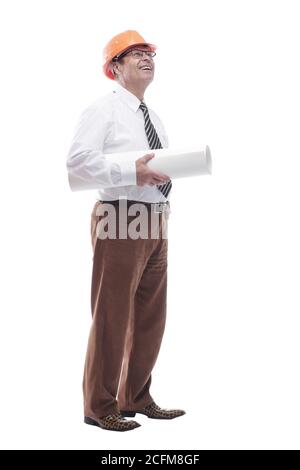 smiling architect with drawings in a protective helmet. isolated on a white Stock Photo
