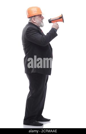 Mature architect making an announcement through a megaphone Stock Photo