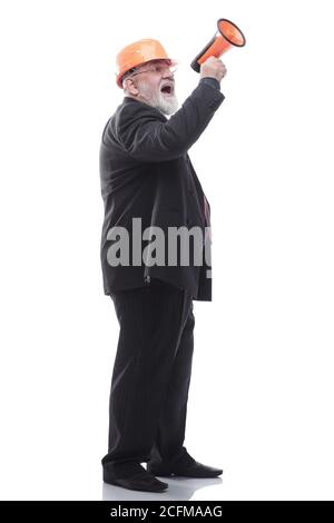 Mature architect making an announcement through a megaphone Stock Photo