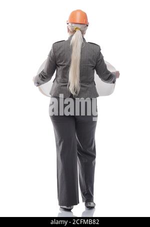 female architect reading a new drawing. isolated on a white Stock Photo