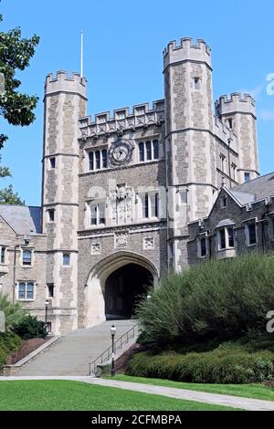 Collegiate Gothic architecture of Blair Hall with clock tower a ...