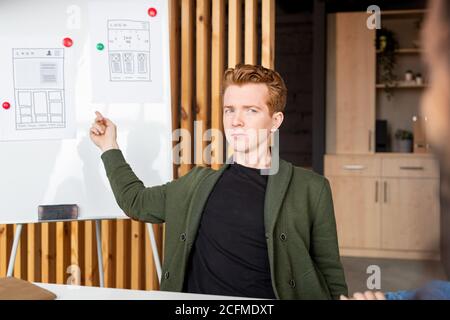 Young confident developer of mobile software pointing at papers with sketches Stock Photo