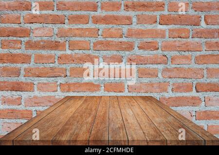 Perspective brown wooden on brick wall. product display template Stock Photo