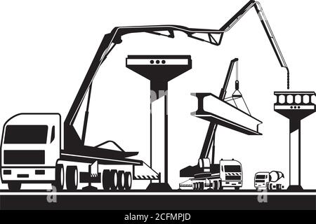 Construction machinery building a bridge – vector illustration Stock Vector