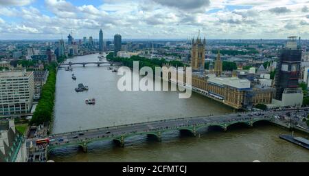 View south along the River Thames from the London Eye, London, UK, June 2019
