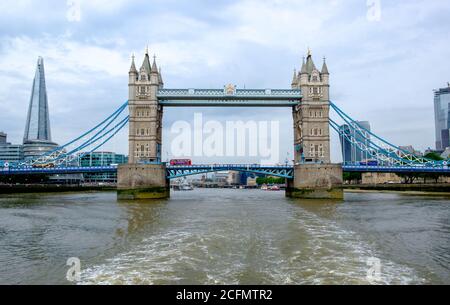 Tower Bridge from the River Thames, London, UK with the Shard in the background Stock Photo