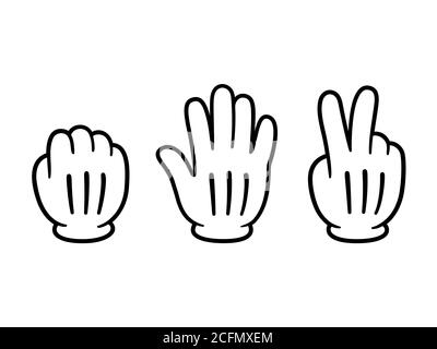 Rock Paper Scissors game set. Hands in cartoon gloves, vector clip art illustration. Stock Vector