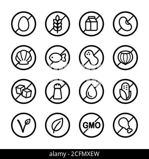 Set of ingredient and diet icons. Common allergens (gluten, dairy, soy, nut and more), sugar, salt and trans fat, vegetarian and organic symbols. Stock Vector