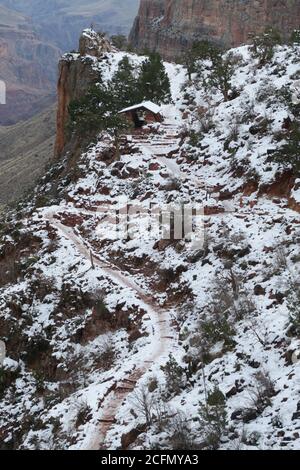 Over looking the Three Mile Resthouse on the Bright Angel Trail during the winter in Grand Canyon National Park. Stock Photo