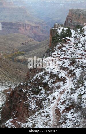 Over looking the Three Mile Resthouse on the Bright Angel Trail during the winter in Grand Canyon National Park. Stock Photo