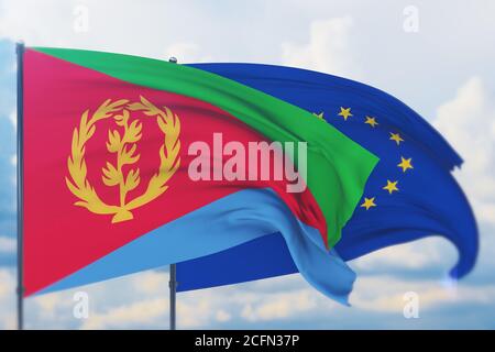 Waving European Union flag and flag of Eritrea. Closeup view, 3D illustration. Stock Photo