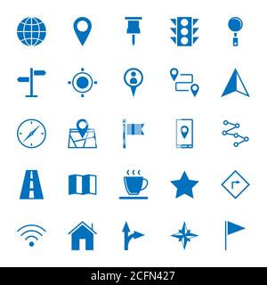 Solid icons of map icons on white background. 64x64 pixel perfect. Stock Vector