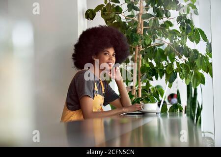 Smiling African lady looking through window sitting at cafe table using laptop. Stock Photo