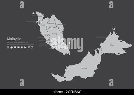 Malaysia map. National map of the world. Gray colored countries map series. Stock Vector