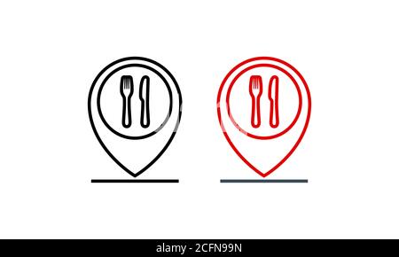 Location food logo. Public catering point. Symbol restaurant address location. Pointer cursor with knife fork and spoon for map. Vector on isolated Stock Vector