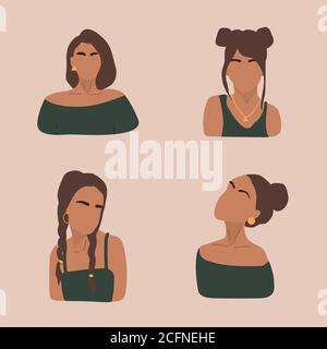 Set of female shapes and silhouettes on retro background. Abstract women in pastel colors. Collection of contemporary art posters. Fashion girls for Stock Vector