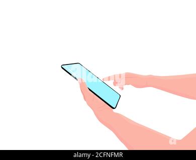 Tablet in the hands. Man holds black tab. Finger touching screen. Web searching on the tablet screen. Copy space for your text. Vector illustration Stock Vector