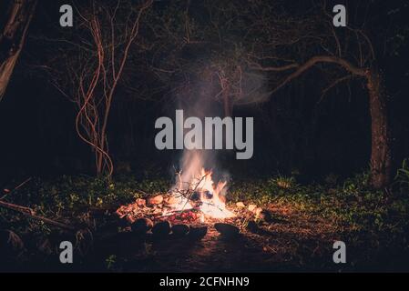 Flames of a campfire at night in a dark spooky forest surrounded by stones shaping strong shadows Stock Photo