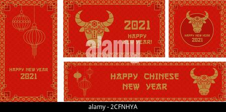 Chinese new year 2021 card with bull and pattern. Stock Vector