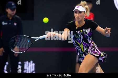 Elise Mertens in action during a women's singles match at the 2023 US ...