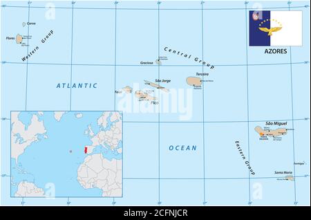 vector map of the portuguese archipelago Azores in the Atlantic ocean with flag, Portugal Stock Vector