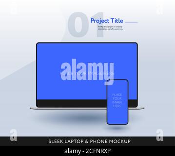 Sleek laptop and mobile phone mockup front view isolated - modern template vector illustration Stock Vector