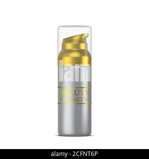 Vector 3D cosmetic illustration for beauty products line for face care. Mockup silver tube of cream on white background. Realistic Vector Stock Vector