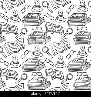 Books and reading seamless pattern. Outline hand drawn objects on white background. Vector illustration. Stock Vector