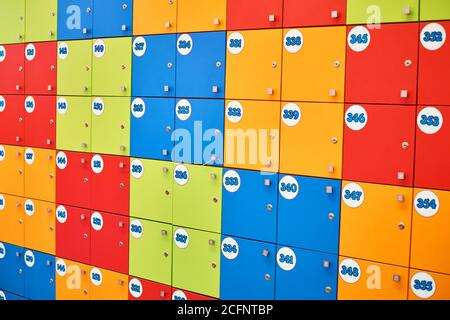 Colorful lockers in shopping moll. Closed lockers as background Stock Photo