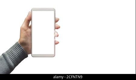 Female hand holding phone isolate white background. Stock Photo